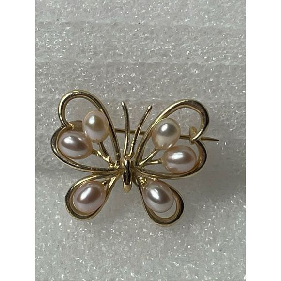 14KT Yellow Gold Butterfly Pearl Brooch / Pin